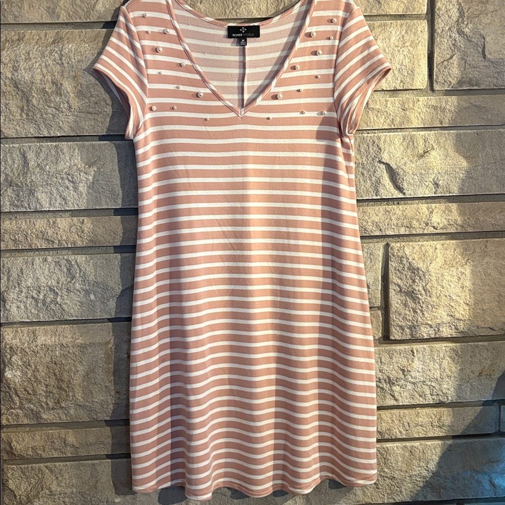 Ronni Nicole Pink and White Striped Dress w/ Pearls